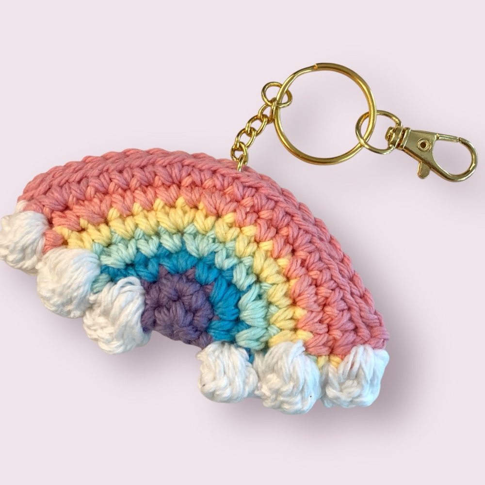 Hand Crafted Rainbow Keychain Bag Charm crocheted handmade with clouds pastel - Picture 5 of 8